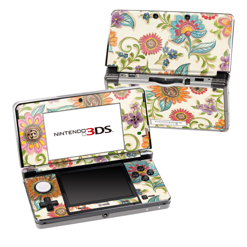 Nintendo 3DS Original Skin design of Pattern, Floral design, Flower, Botany, Design, Visual arts, Textile, Plant, Wildflower, Pedicel, with gray, green, pink, yellow, red, blue colors