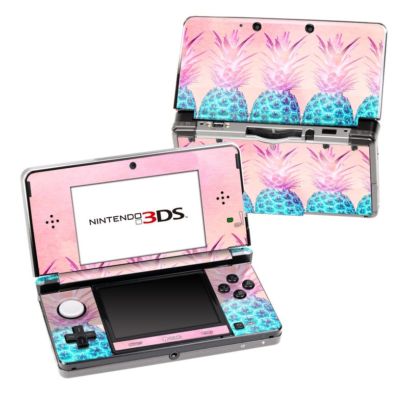 Nintendo 3DS Original Skin design of Pineapple, Ananas, Pink, Fruit, Plant, Bromeliaceae, Pattern, Poales, with pink, blue, orange colors