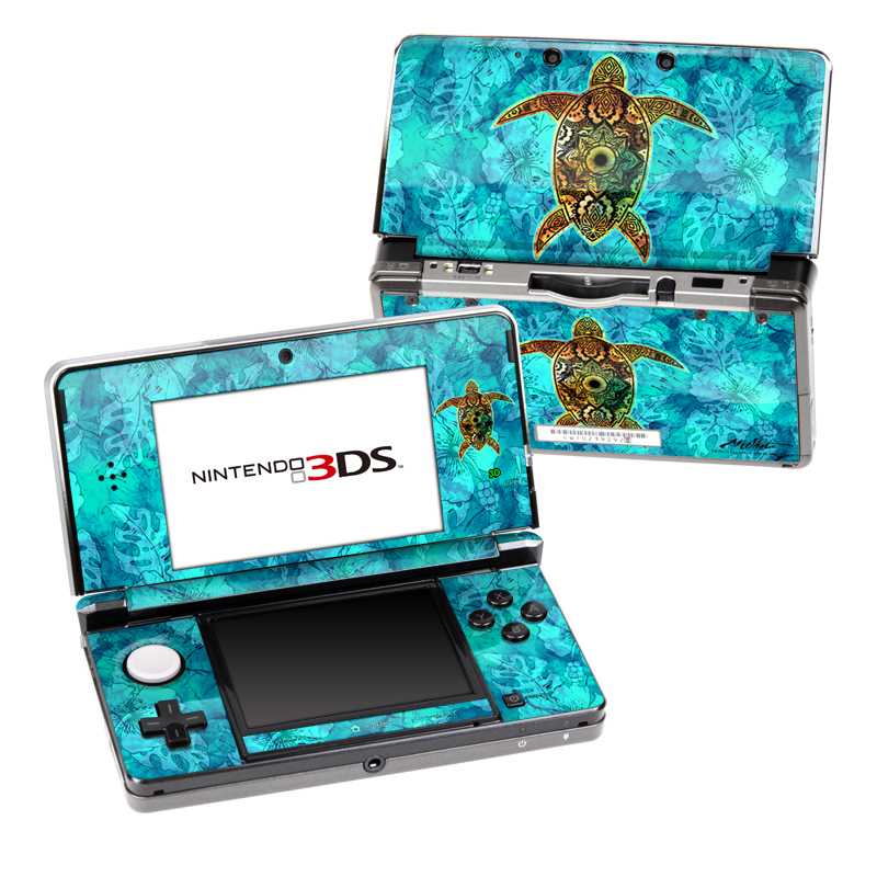 Nintendo 3DS Original Skin design of Sea turtle, Green sea turtle, Turtle, Hawksbill sea turtle, Tortoise, Reptile, Loggerhead sea turtle, Illustration, Art, Pattern, with blue, black, green, gray, red colors