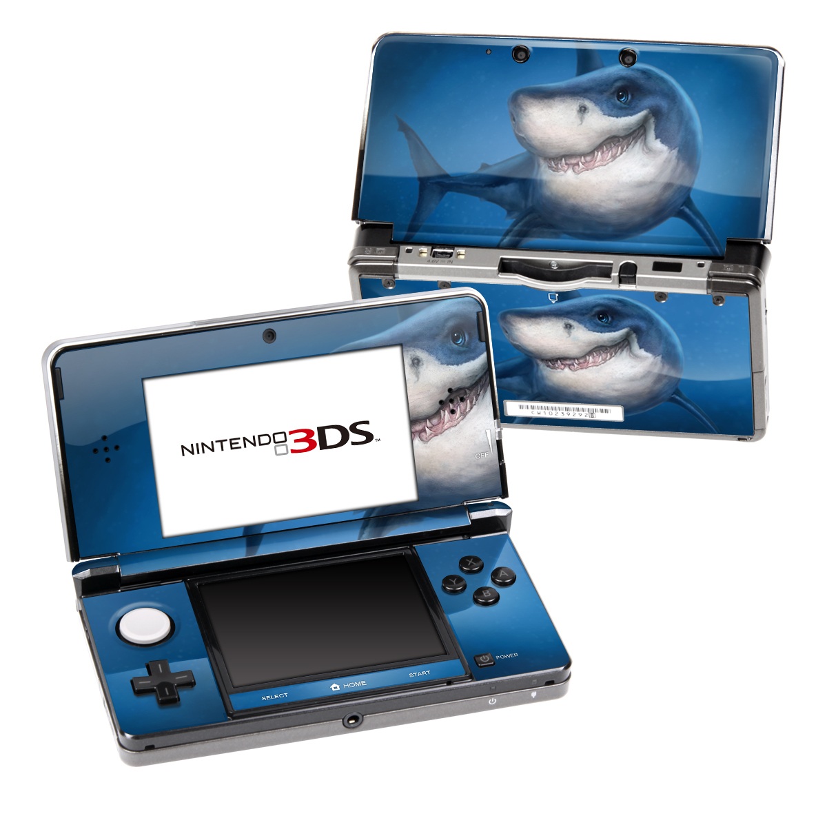 Nintendo 3DS Original Skin design of Fish, Great white shark, Shark, Tiger shark, Cartilaginous fish, Requiem shark, Lamniformes, Bull shark, Carcharhiniformes, with black, blue, gray colors