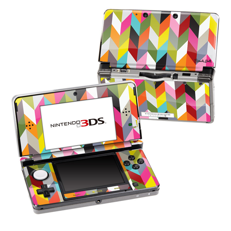 Nintendo 3DS Original Skin design of Pattern, Orange, Line, Design, Graphic design, Tints and shades, Triangle, with red, green, gray, black, blue, purple colors