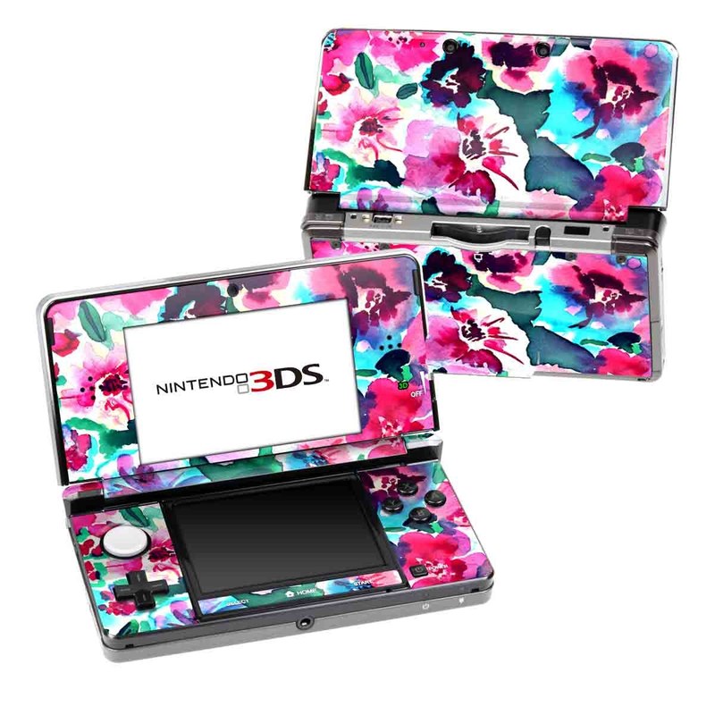 Nintendo 3DS Original Skin design of Flower, Pink, Petal, Plant, Pattern, Hawaiian hibiscus, Design, Magenta, Flowering plant, Watercolor paint, with white, pink, blue, green, red colors