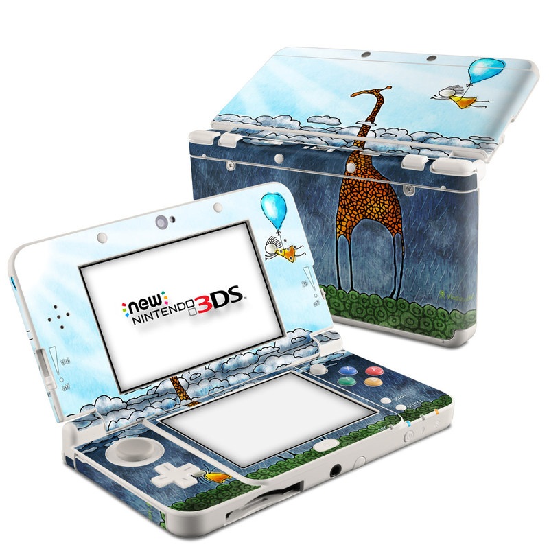Nintendo 3DS Skin design of Giraffe, Sky, Tree, Water, Branch, Giraffidae, Illustration, Cloud, Grassland, Bird, with blue, gray, yellow, green colors