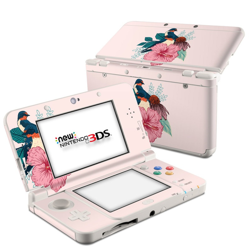 Nintendo 3DS Skin design of Bird, Hawaiian hibiscus, Hibiscus, Illustration, Chinese hibiscus, Botany, Flower, Plant, Malvales, Mallow family, with blue, pink, green, yellow, red colors