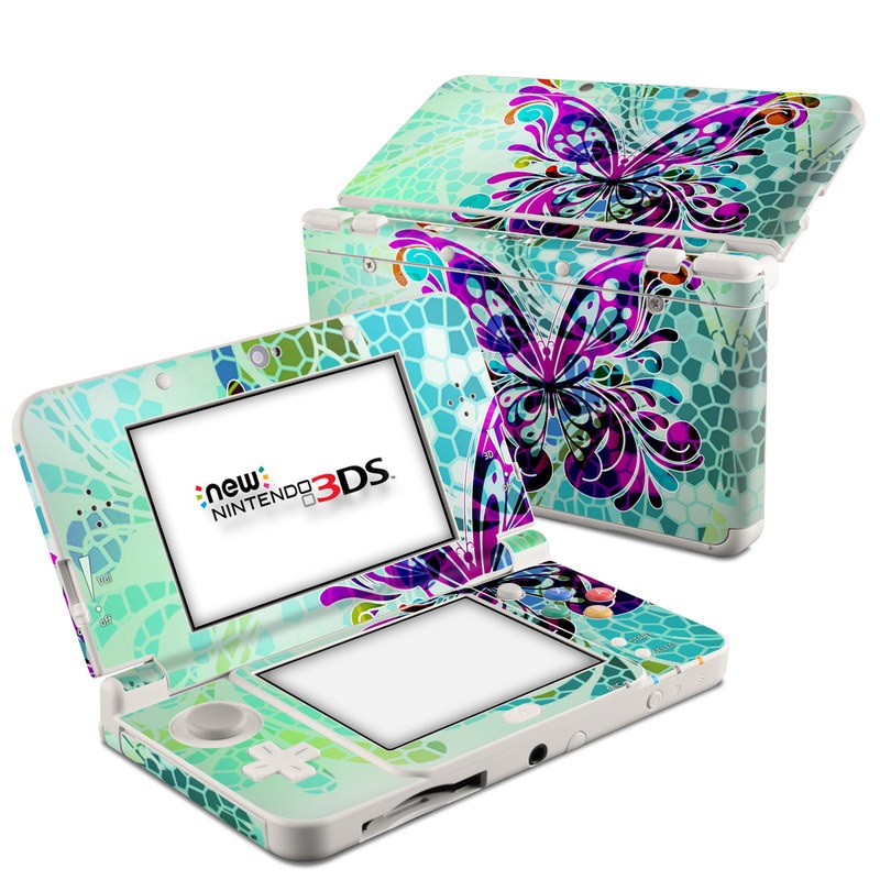 Nintendo 3DS Skin design of Butterfly, Pattern, Insect, Moths and butterflies, Purple, Graphic design, Design, Pollinator, Visual arts, Magenta, with blue, green, purple colors