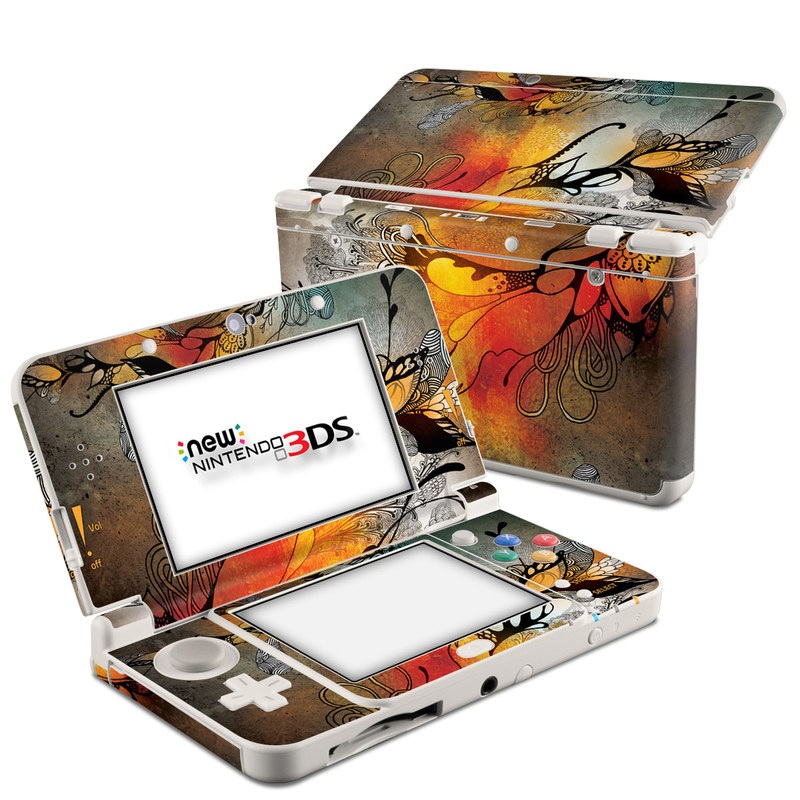 Nintendo 3DS Skin design of Yellow, Orange, Art, Branch, Leaf, Graphic design, Visual arts, Pattern, Design, Modern art, with black, red, orange, yellow colors