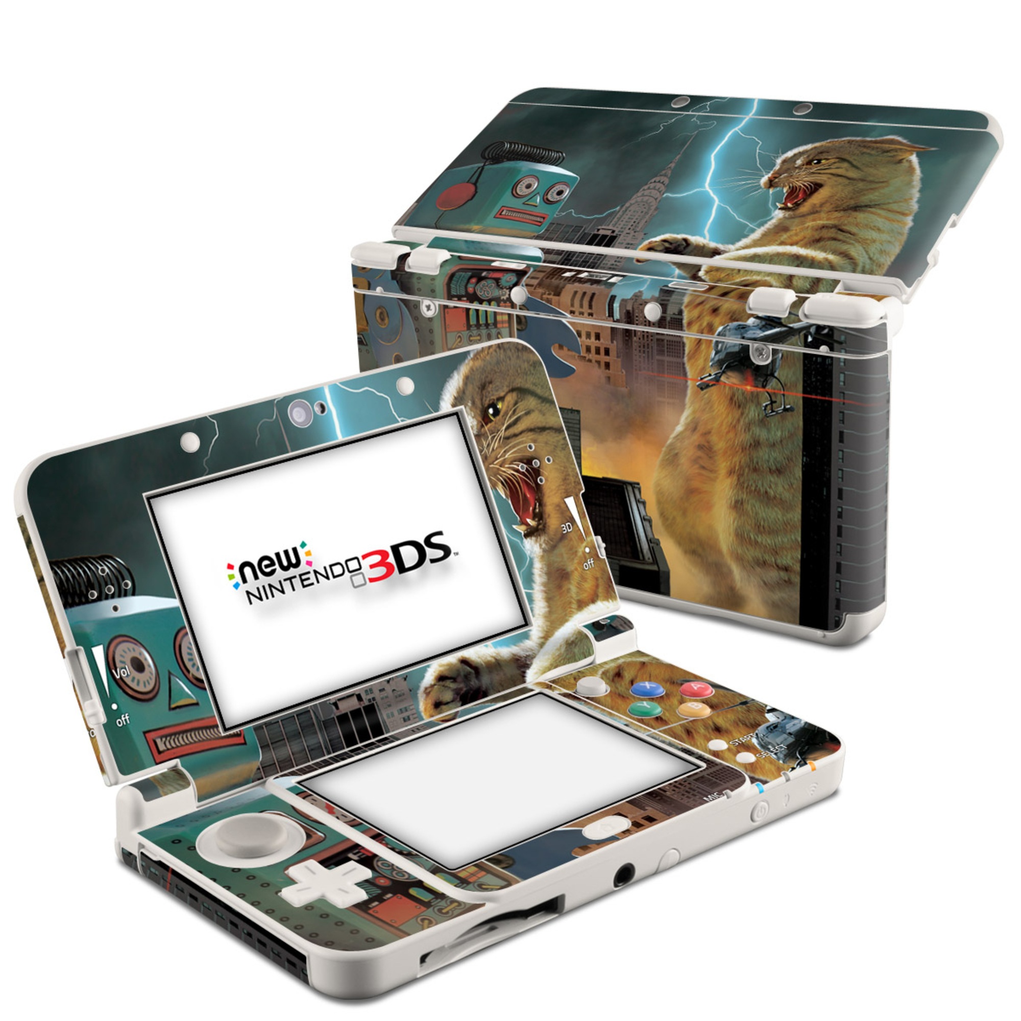 Nintendo 3DS Skin design of Lightning, Felidae, Carnivore, Art, Whiskers, Big cats, Cg artwork, Terrestrial animal, Small to medium-sized cats, Thunder, with black, blue, red, yellow, white, brown, gray, orange colors