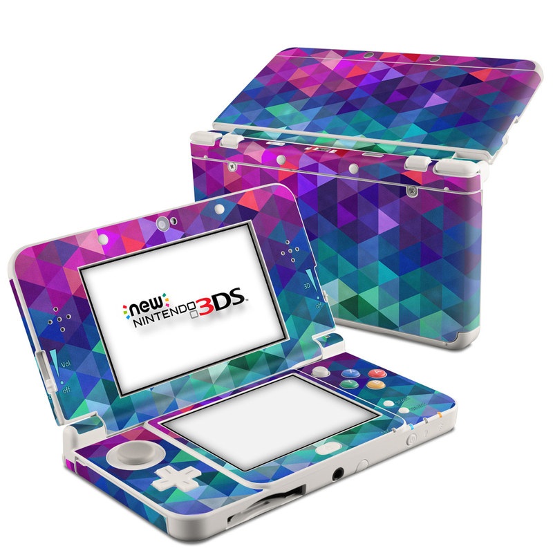 Nintendo 3DS Skin design of Purple, Violet, Pattern, Blue, Magenta, Triangle, Line, Design, Graphic design, Symmetry, with blue, purple, green, red, pink colors