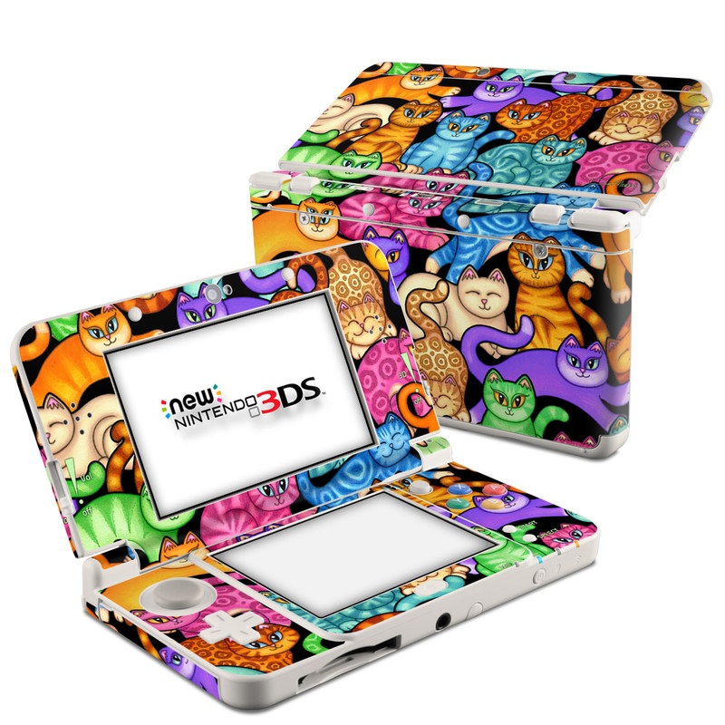 Nintendo 3DS Skin design of Cat, Cartoon, Felidae, Organism, Small to medium-sized cats, Illustration, Animated cartoon, Wildlife, Kitten, Art, with black, blue, red, purple, green, brown colors