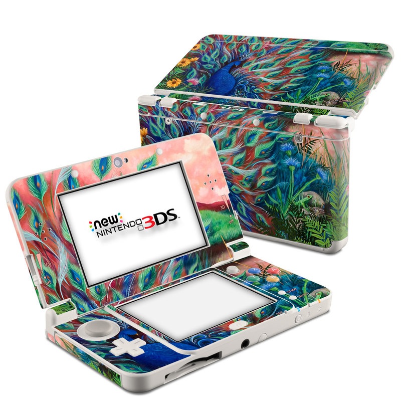 Nintendo 3DS Skin design of Painting, Acrylic paint, Bird, Child art, Art, Galliformes, Peafowl, Visual arts, Watercolor paint, Plant, with black, red, gray, blue, green colors