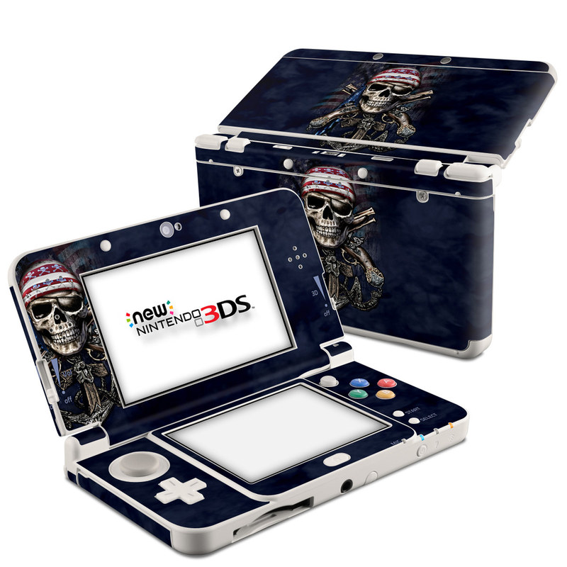 Nintendo 3DS Skin design of Skull, Bone, Skeleton, Illustration, Outerwear, T-shirt, Flag, Art, with black, gray, red colors