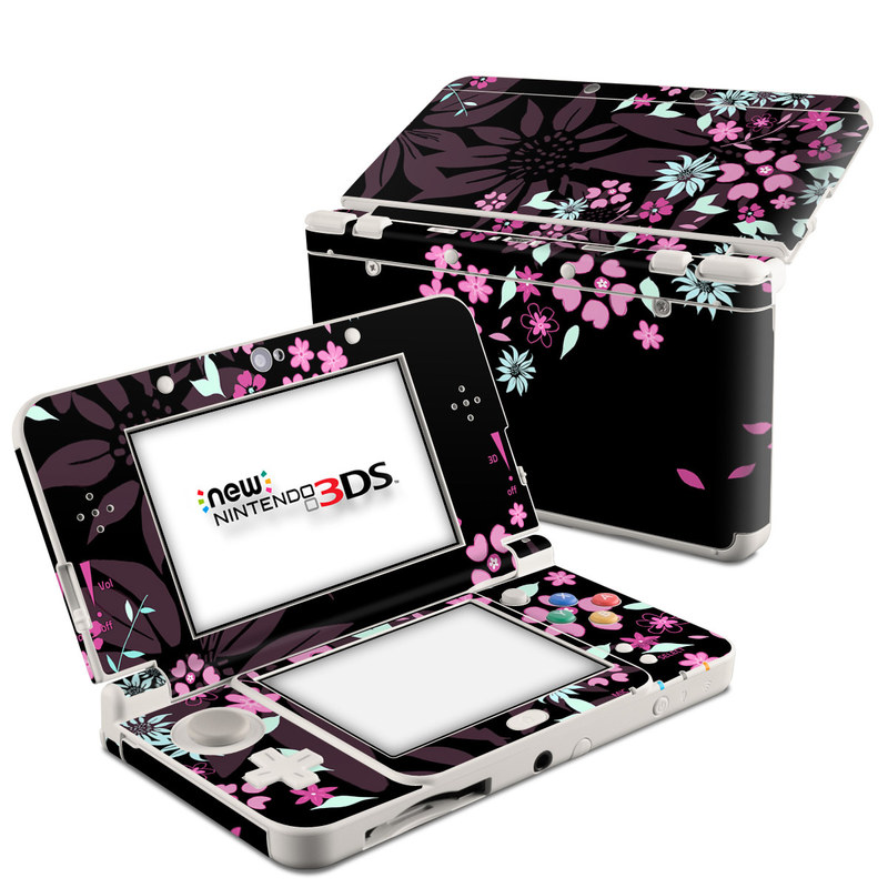 Nintendo 3DS Skin design of Pink, Pattern, Flower, Plant, Botany, Petal, Floral design, Design, Pedicel, Graphic design, with black, gray, purple, green, red, pink colors