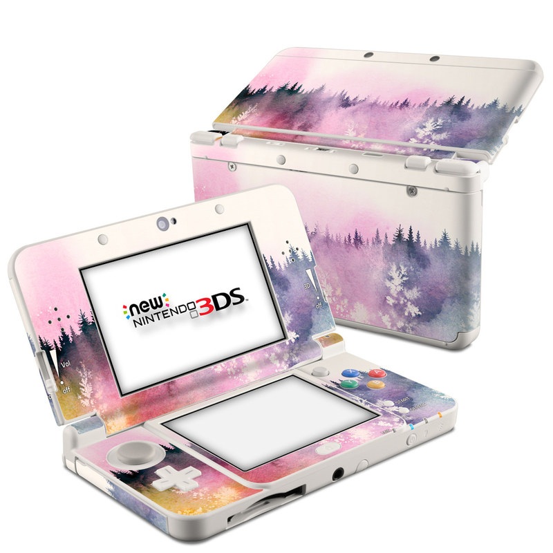 Nintendo 3DS Skin design of Watercolor paint, Sky, Atmospheric phenomenon, Tree, Atmosphere, Cloud, Landscape, Forest, Painting, Illustration with white, yellow, pink, purple, blue, black colors