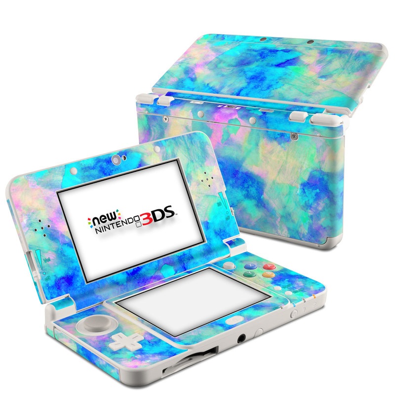 Nintendo 3DS Skin design of Blue, Turquoise, Aqua, Pattern, Dye, Design, Sky, Electric blue, Art, Watercolor paint, with blue, purple colors