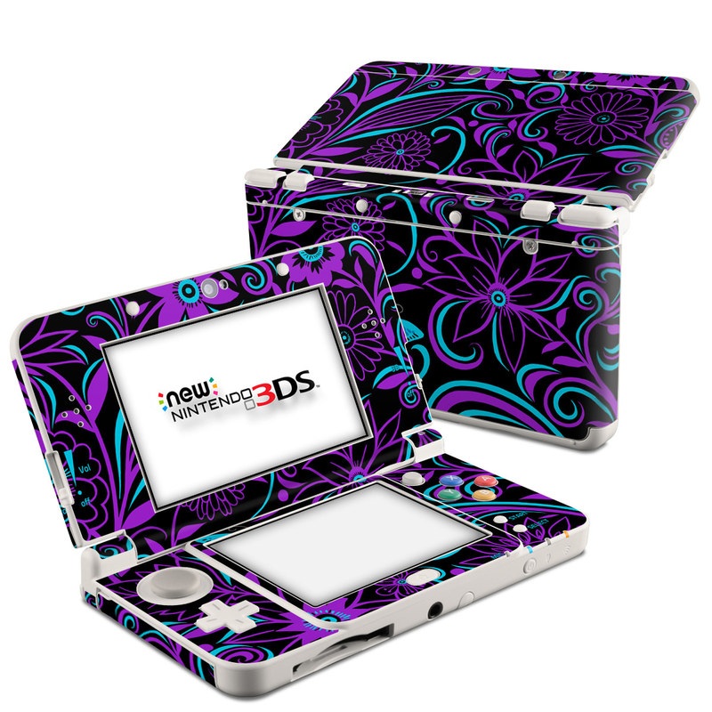 Nintendo 3DS Skin design of Pattern, Purple, Violet, Turquoise, Teal, Design, Floral design, Visual arts, Magenta, Motif, with black, purple, blue colors