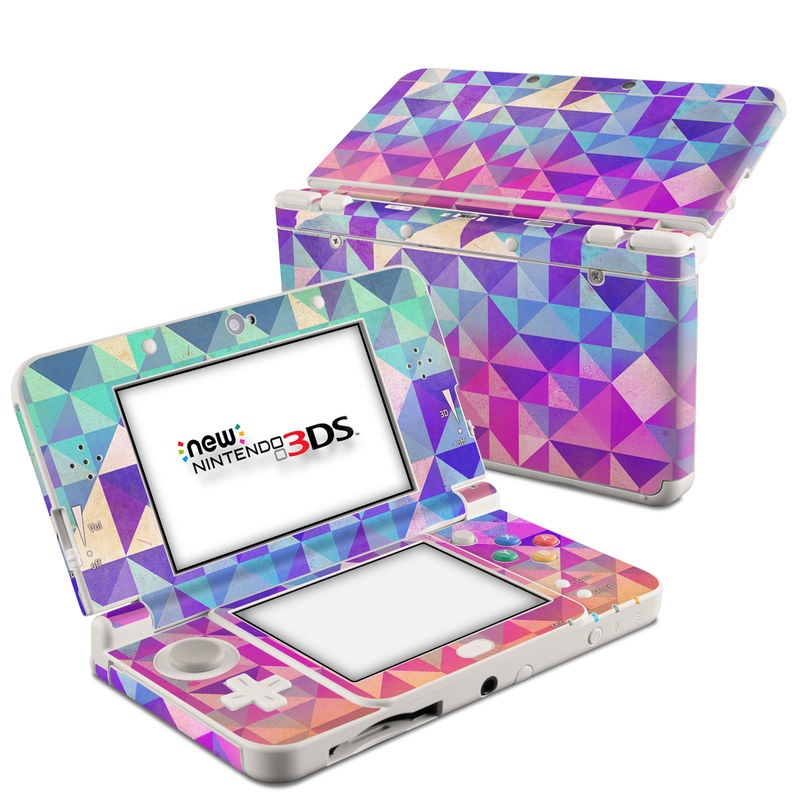 Nintendo 3DS Skin design of Pattern, Purple, Triangle, Violet, Magenta, Line, Design, Symmetry, Psychedelic art, with gray, purple, green, blue, pink colors