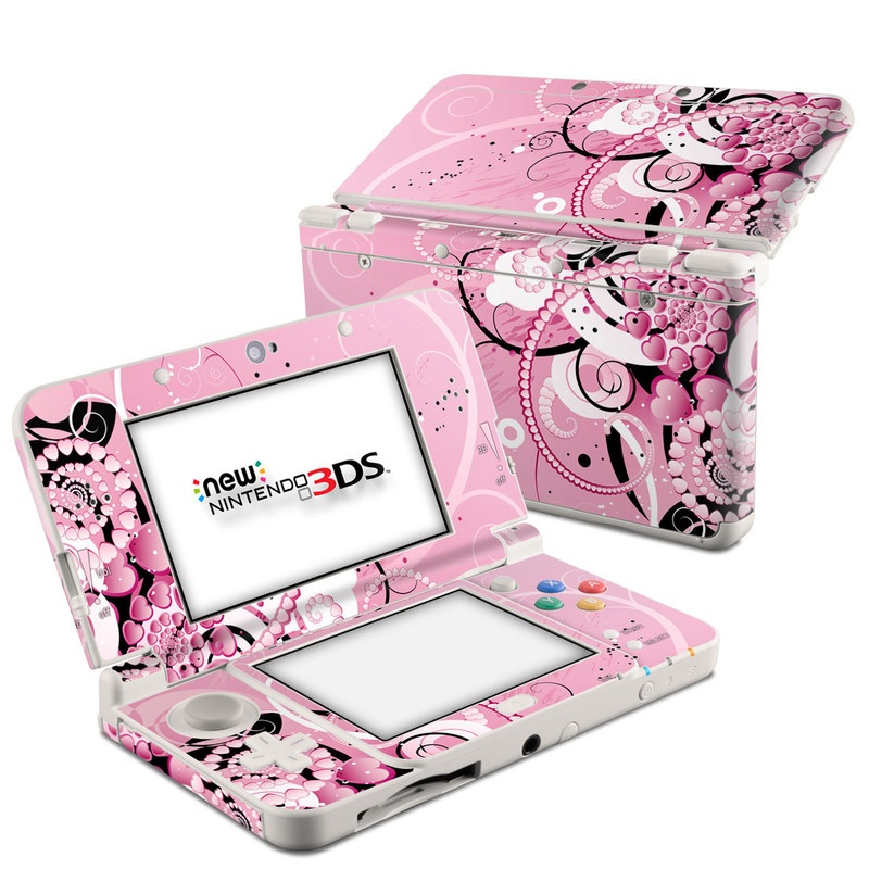 Nintendo 3DS Skin design of Pink, Floral design, Graphic design, Text, Design, Flower Arranging, Pattern, Illustration, Flower, Floristry, with pink, gray, black, white, purple, red colors
