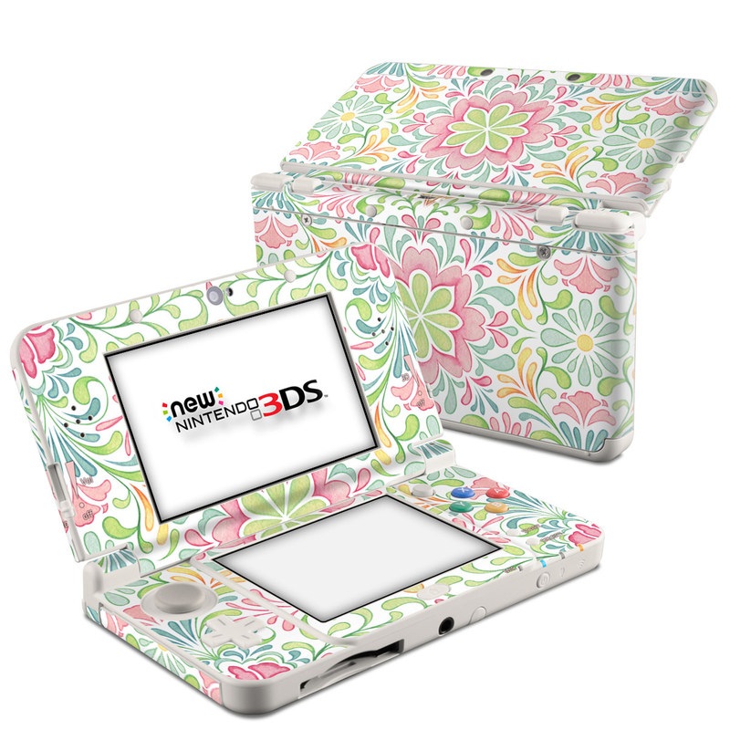 Nintendo 3DS Skin design of Pattern, Pink, Visual arts, Design, Textile, Wrapping paper, Symmetry, Floral design, Motif, with gray, white, pink, green colors