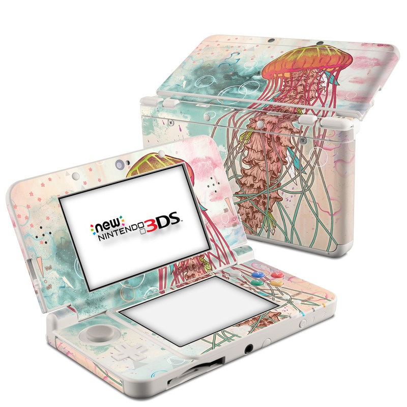 Nintendo 3DS Skin design of Jellyfish, Illustration, Water, Cnidaria, Marine invertebrates, Organism, Portuguese man o' war, Art, Nepenthes, Invertebrate, with gray, pink, yellow, red, green colors
