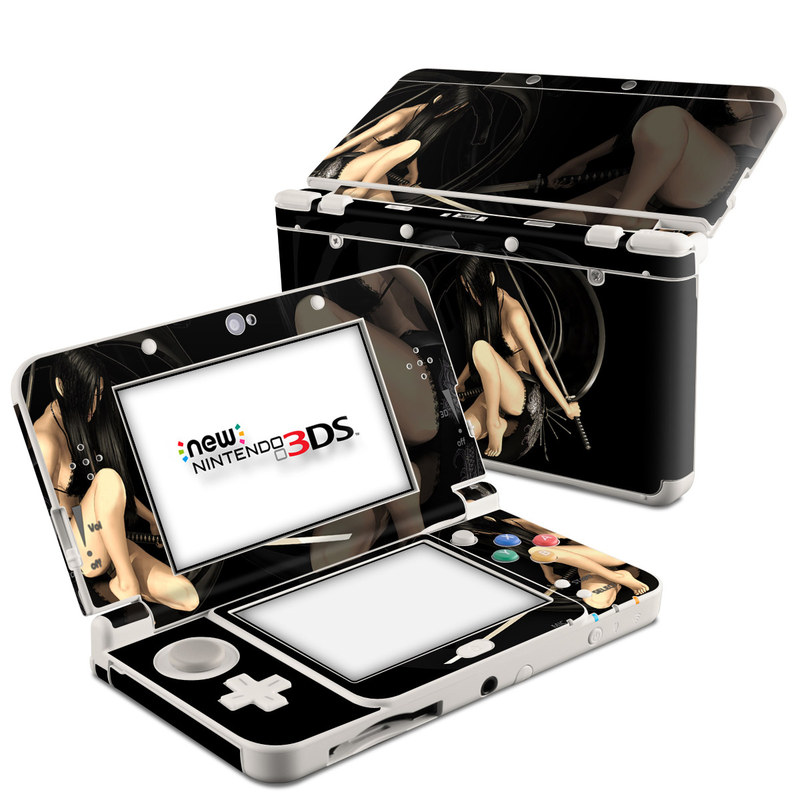 Nintendo 3DS Skin design of Black, Photography, Leg, Black hair, Cg artwork, Darkness, Fetish model, Sitting, Flash photography, with black, yellow, gray, white colors