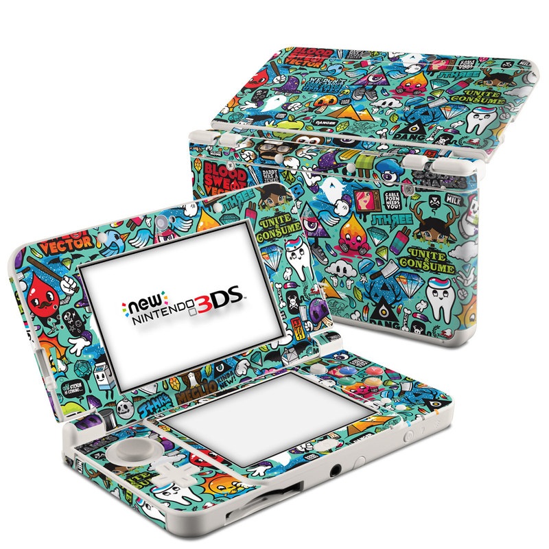 Nintendo 3DS Skin design of Cartoon, Art, Pattern, Design, Illustration, Visual arts, Doodle, Psychedelic art, with black, blue, gray, red, green colors