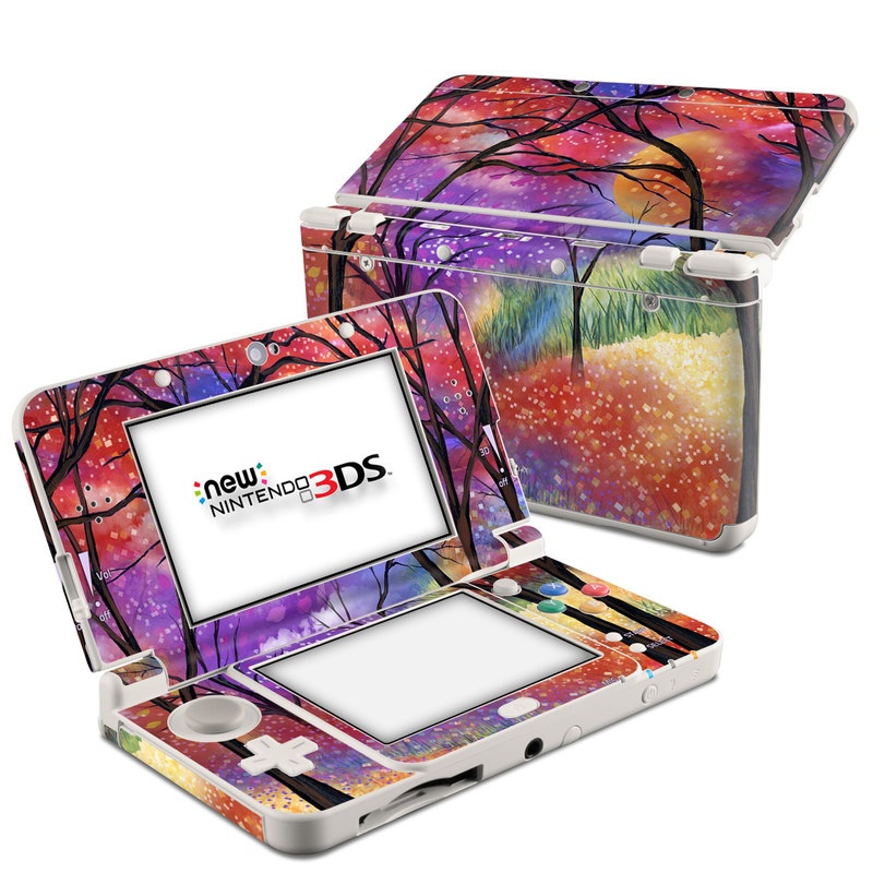 Nintendo 3DS Skin design of Nature, Tree, Natural landscape, Painting, Watercolor paint, Branch, Acrylic paint, Purple, Modern art, Leaf, with red, purple, black, gray, green, blue colors