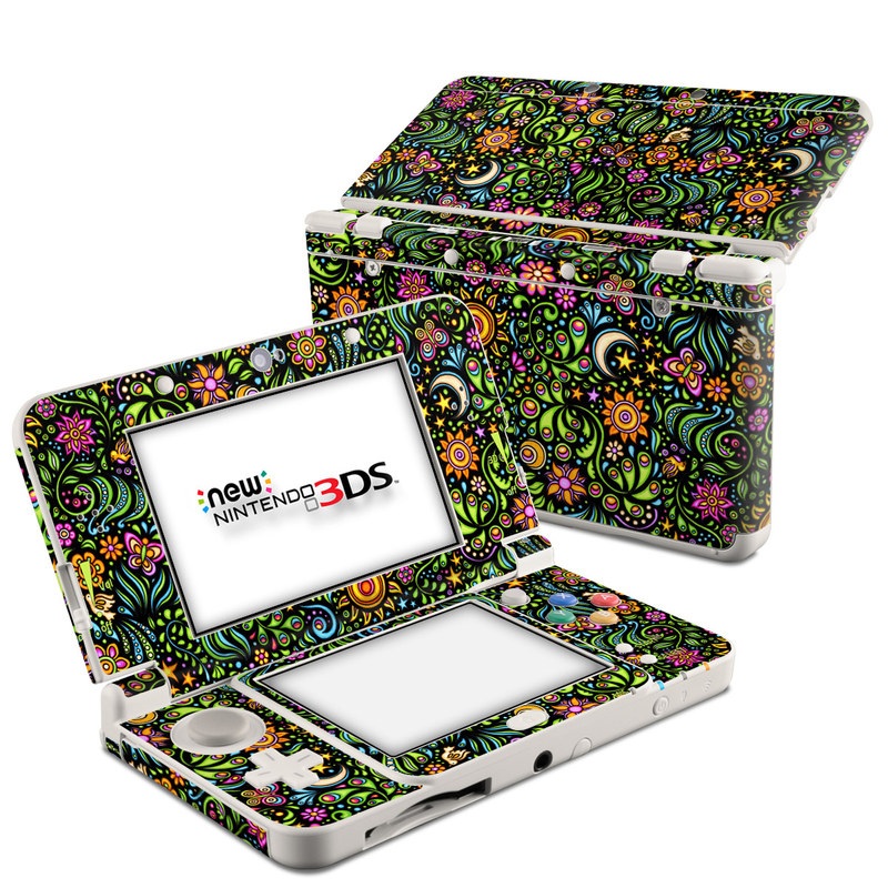 Nintendo 3DS Skin design of Pattern, Psychedelic art, Visual arts, Art, Design, Motif, Organism, Circle, Textile, Plant, with black, red, green, blue, purple colors