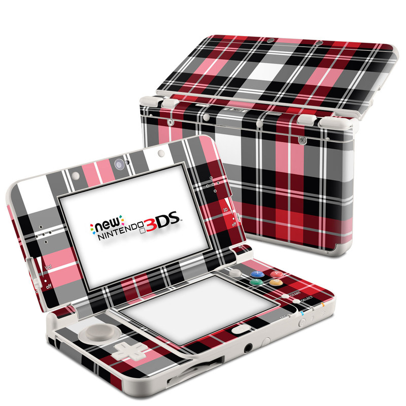 Nintendo 3DS Skin design of Plaid, Tartan, Pattern, Red, Textile, Design, Line, Pink, Magenta, Square, with black, gray, pink, red, white colors