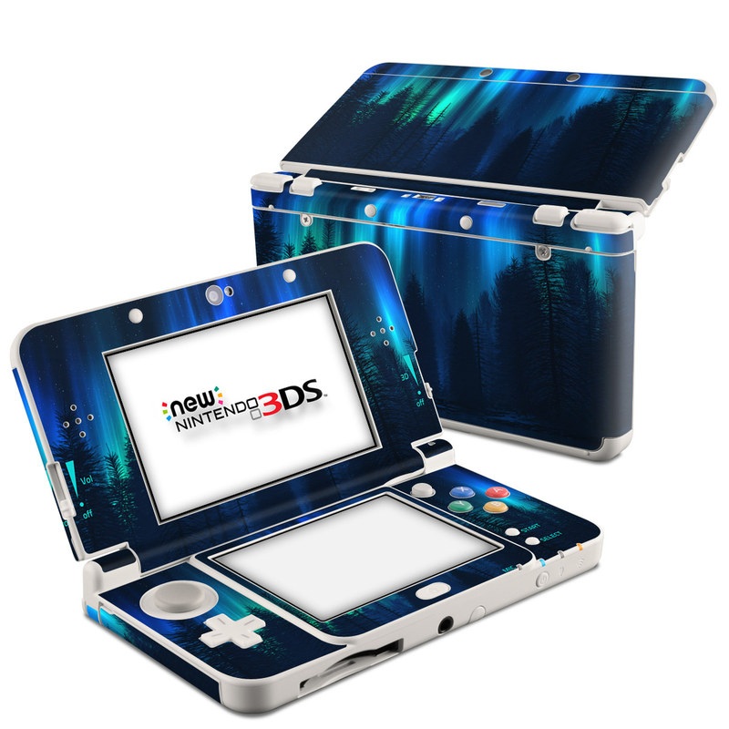 Nintendo 3DS Skin design of Blue, Light, Natural environment, Tree, Sky, Forest, Darkness, Aurora, Night, Electric blue with black, blue colors