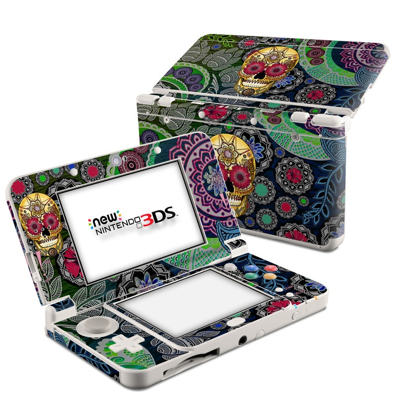 Nintendo 3DS Skin design of Skull, Bone, Pattern, Psychedelic art, Visual arts, Design, Illustration, Art, Textile, Plant, with black, red, gray, green, blue colors