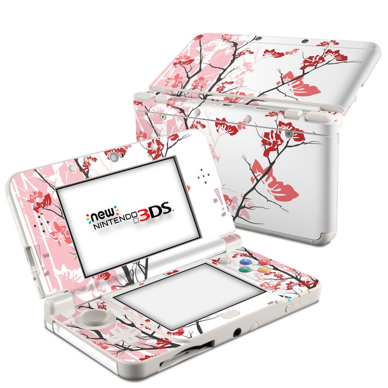 Nintendo 3DS Skin design of Branch, Red, Flower, Plant, Tree, Twig, Blossom, Botany, Pink, Spring, with white, pink, gray, red, black colors