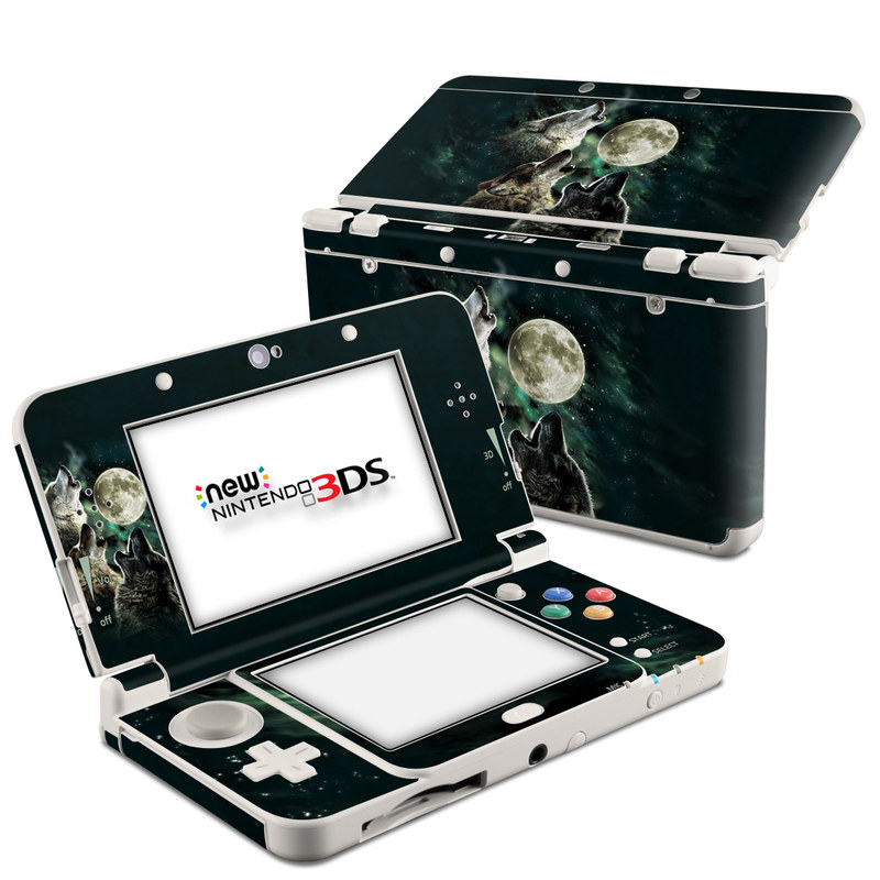 Nintendo 3DS Skin design of Wolf, Light, Astronomical object, Moon, Wildlife, Organism, Moonlight, Sky, Atmosphere, Celestial event, with black, gray, green colors