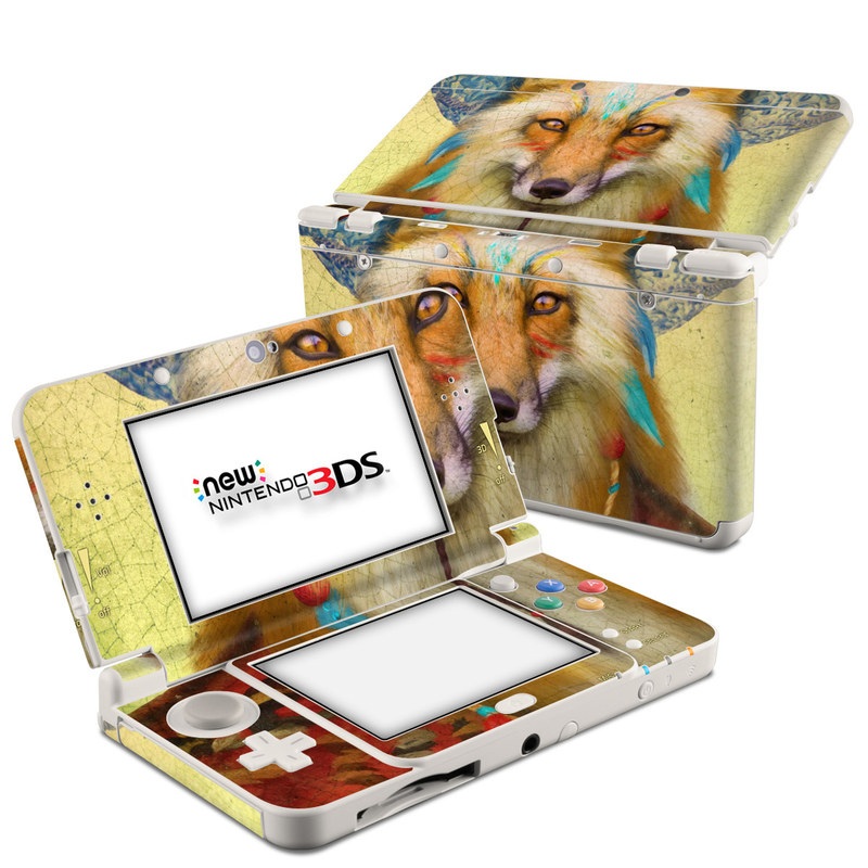 Nintendo 3DS Skin design of Red fox, Canidae, Fox, Wildlife, Swift fox, Carnivore, Jackal, Fur, Snout, Art, with red, black, gray, green, blue colors