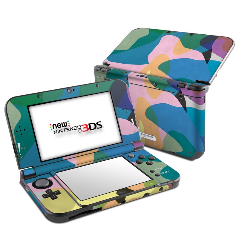 Nintendo 3DS LL Skin design of Azure, Paint, Textile, Organism, Art, Painting, Aqua, Font, Rectangle, Tints and shades, with blue, green, pink, yellow, orange, purple, gray colors