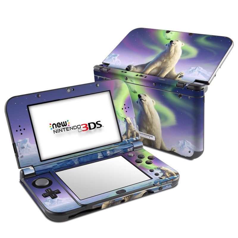 Nintendo 3DS LL Skin design of Aurora, Sky, Wildlife, Polar bear, Fictional character, with white, blue, green, purple colors