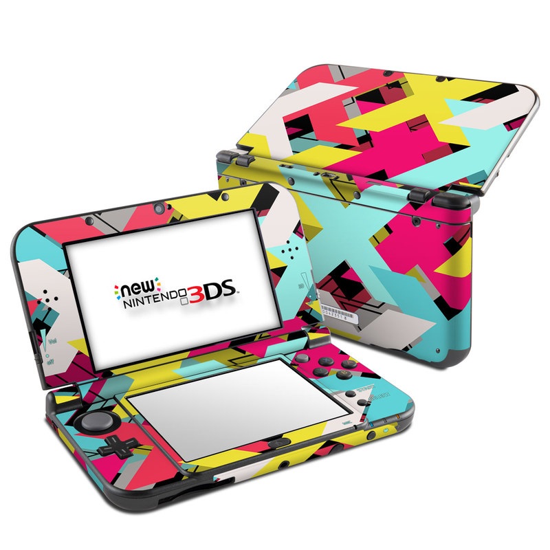 Nintendo 3DS LL Skin design of Pattern, Graphic design, Line, Design, Triangle, Font, Illustration, Magenta, Visual arts, with yellow, blue, white, black, red, pink colors