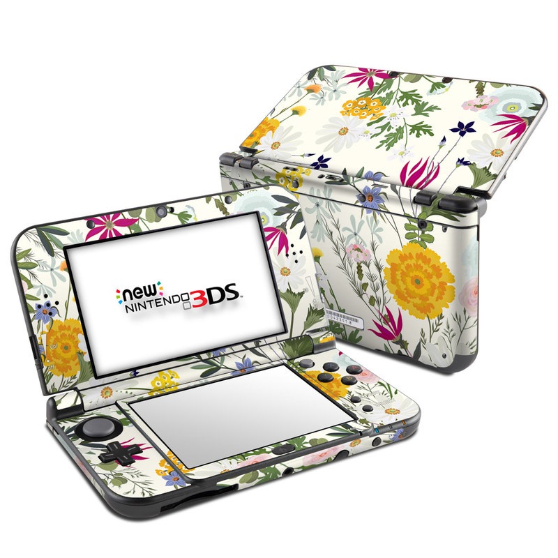 Nintendo 3DS LL Skin design of Flower, Wildflower, chamomile, Floral design, Plant, camomile, Botany, Clip art, Cut flowers, Daisy, with white, green, pink, orange, yellow, red colors