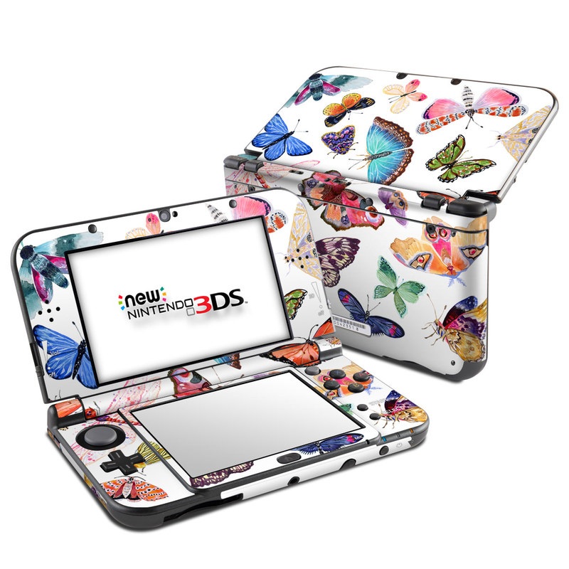 Nintendo 3DS LL Skin design of Butterfly, Pollinator, Insect, Arthropod, Organism, Moths and butterflies, Art, Symmetry, Wing, Illustration, with white, blue, green, red, yellow, orange, pink, brown, purple colors