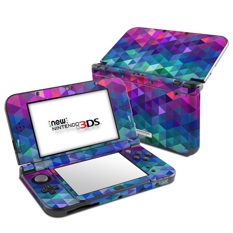 Nintendo 3DS LL Skin design of Purple, Violet, Pattern, Blue, Magenta, Triangle, Line, Design, Graphic design, Symmetry, with blue, purple, green, red, pink colors