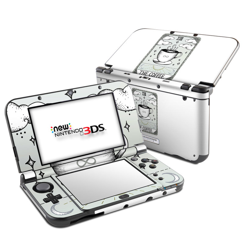 Nintendo 3DS LL Skin design of Cup, Cartoon, Drinkware, Coffee cup, Tableware, Teacup, Illustration, Drink, Line art, with white, black, green, gray, yellow colors