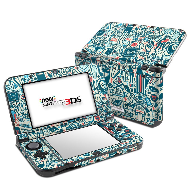 Nintendo 3DS LL Skin design of Pattern, Psychedelic art, Turquoise, Art, Design, Visual arts, Line, Drawing, Doodle, Graphic design, with white, green, blue, red colors