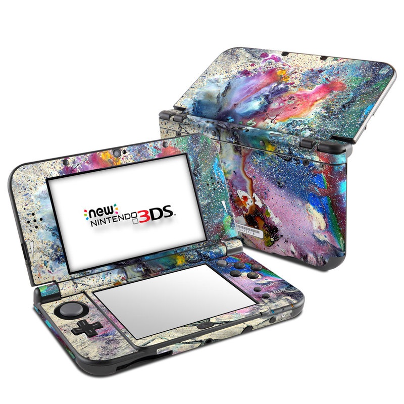Nintendo 3DS LL Skin design of Watercolor paint, Painting, Acrylic paint, Art, Modern art, Paint, Visual arts, Space, Colorfulness, Illustration, with gray, black, blue, red, pink colors