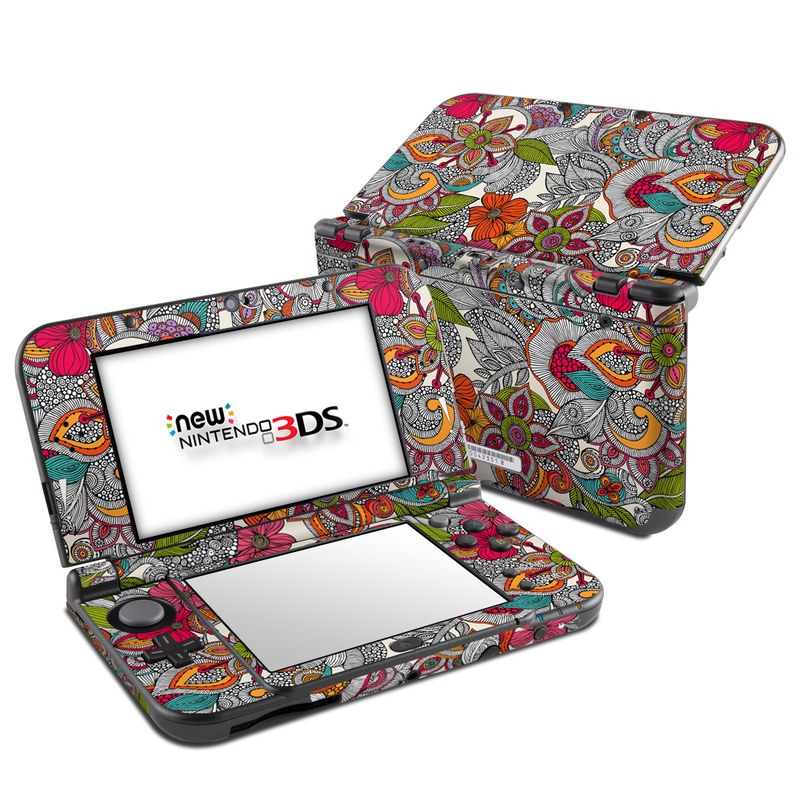 Nintendo 3DS LL Skin design of Pattern, Drawing, Visual arts, Art, Design, Doodle, Floral design, Motif, Illustration, Textile, with gray, red, black, green, purple, blue colors