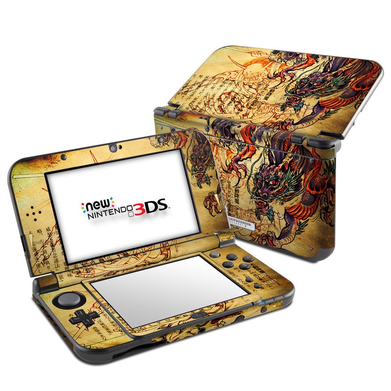 Nintendo 3DS LL Skin design of Illustration, Fictional character, Art, Demon, Drawing, Visual arts, Dragon, Supernatural creature, Mythical creature, Mythology, with black, green, red, gray, pink, orange colors