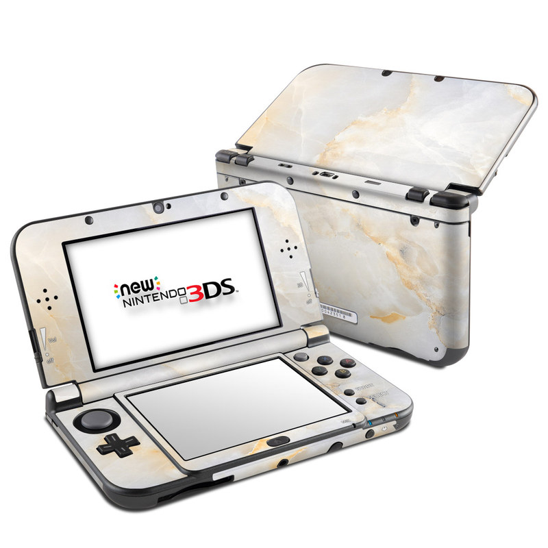 Nintendo 3DS LL Skin design of White, Textile, Flooring, Marble, Paper, Pattern, Fashion accessory, Tile, with white, orange, black, yellow colors