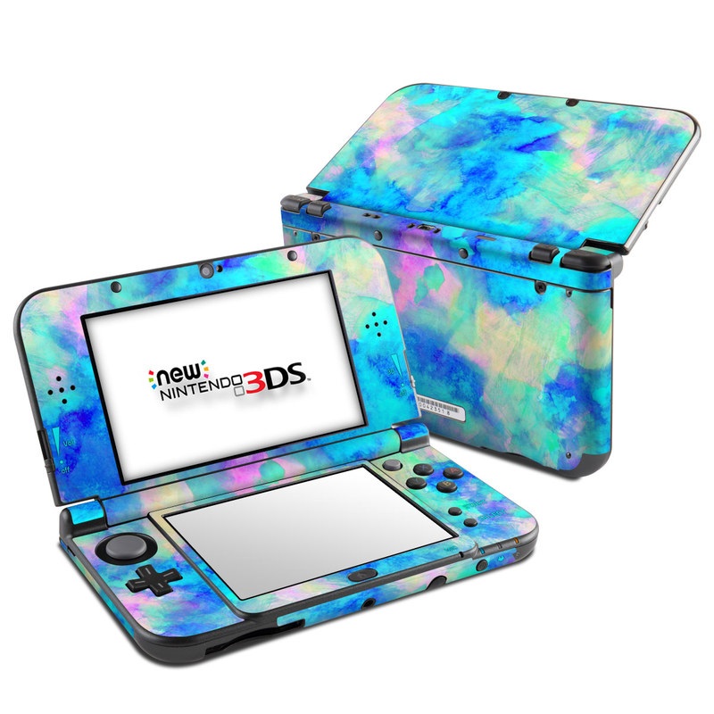 Nintendo 3DS LL Skin design of Blue, Turquoise, Aqua, Pattern, Dye, Design, Sky, Electric blue, Art, Watercolor paint, with blue, purple colors