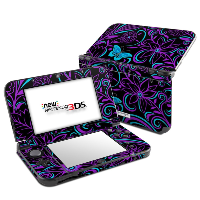 Nintendo 3DS LL Skin design of Pattern, Purple, Violet, Turquoise, Teal, Design, Floral design, Visual arts, Magenta, Motif, with black, purple, blue colors