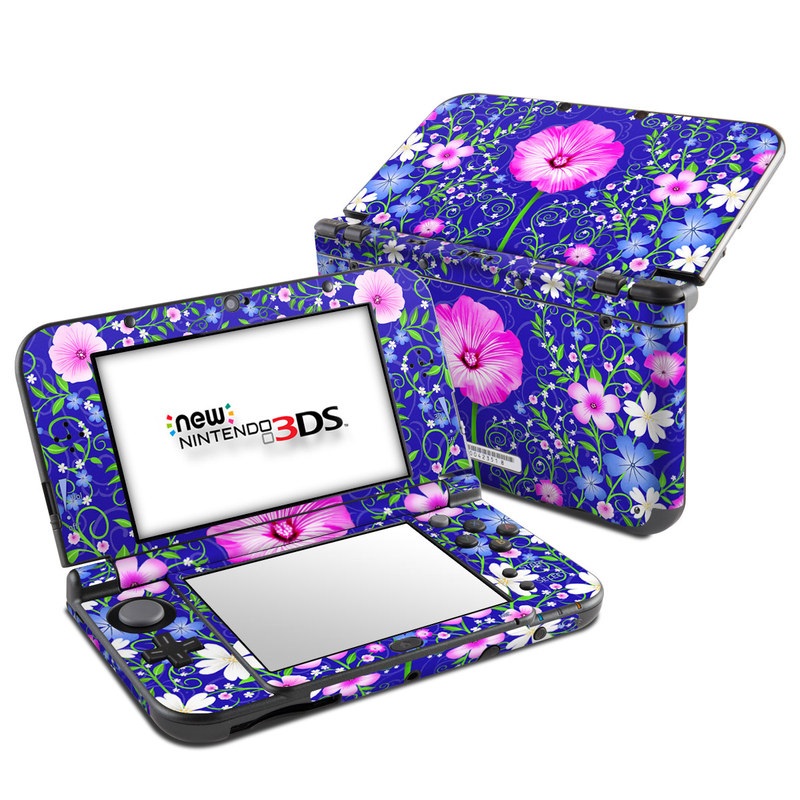 Nintendo 3DS LL Skin design of Purple, Violet, Flower, Plant, Wildflower, Pattern, Petal, Design, Graphics, Morning glory, with blue, purple, pink, green, white, yellow colors