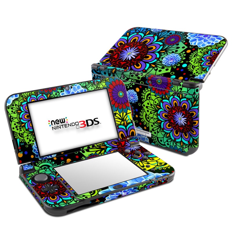 Nintendo 3DS LL Skin design of Pattern, Psychedelic art, Design, Flower, Art, Visual arts, Floral design, Plant, Textile, Symmetry, with black, blue, green, purple colors