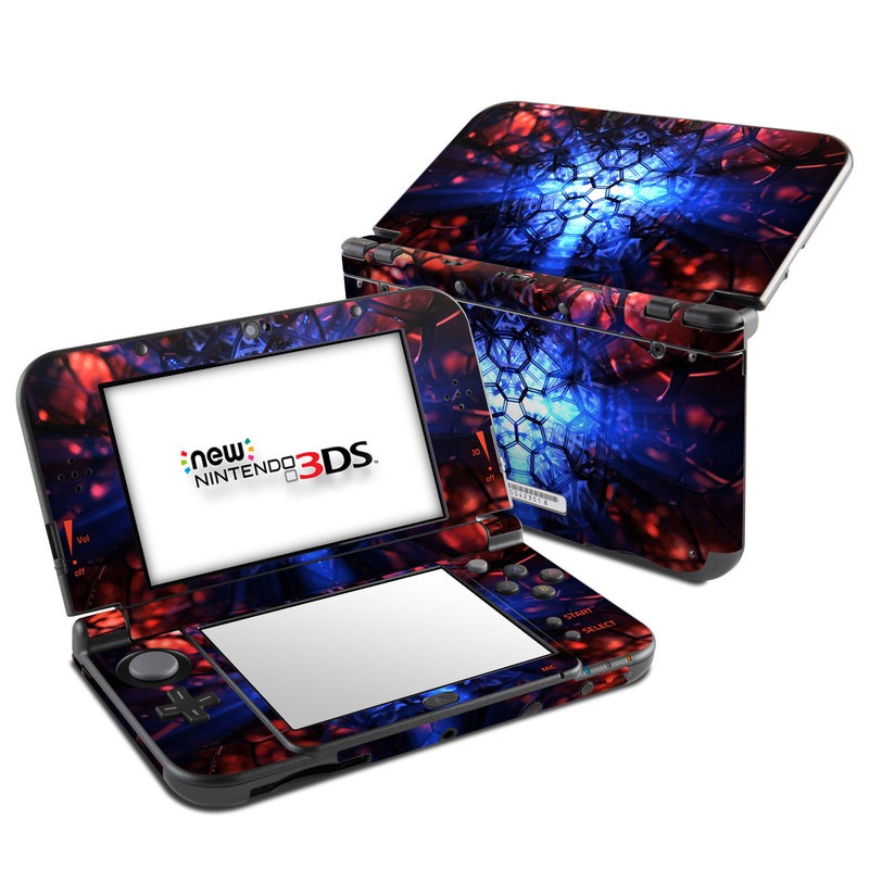 Nintendo 3DS LL Skin design of Blue, Fractal art, Red, Light, Pattern, Lighting, Art, Kaleidoscope, Design, Psychedelic art, with black, blue, red colors